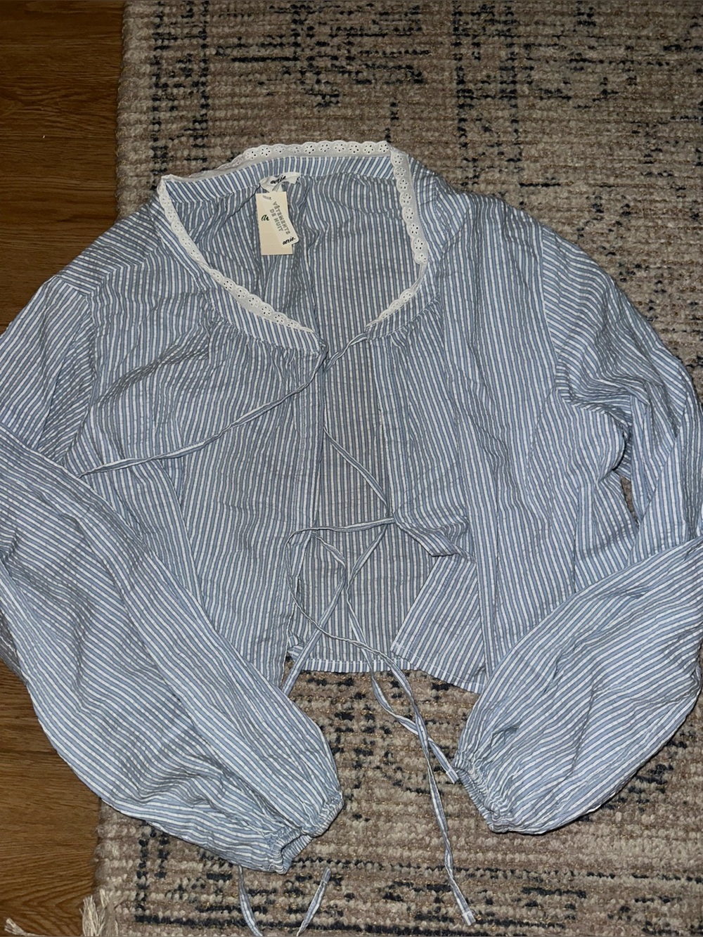 aerie Light Blue & White Striped Tie-Front Blouse